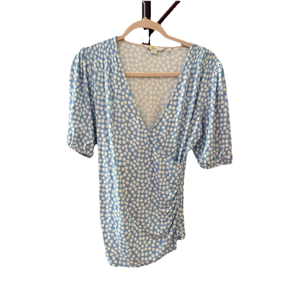 Boden Joanna Faux Wrap Top Size 8 Blue White Polka Dot Ruched Jersey Puff Sleeve